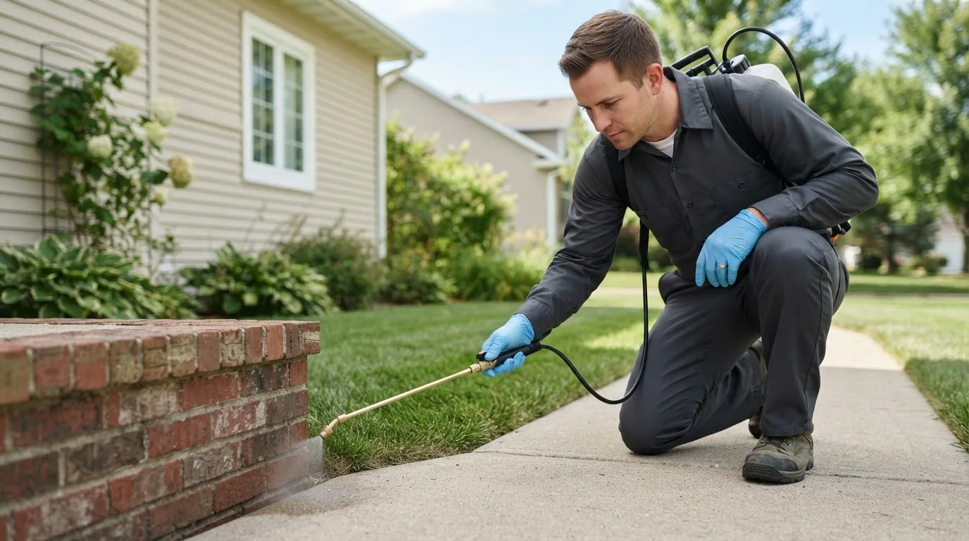 Pest control technician treating a home near Castell, TX