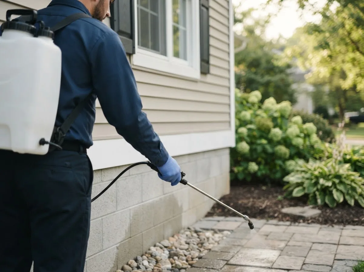 Pest control technician inspecting a home in Castell, TX